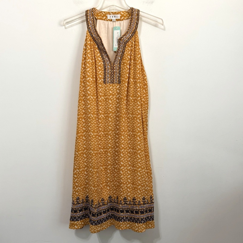 THML Dress XXL Plus Sleeveless Tank Swing Mustard Gold Party Festival Floral NEW